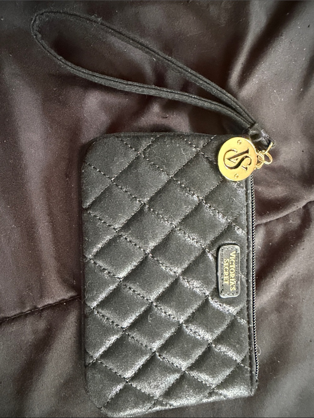 Victoria's Secret Black Quilted Wristlet Wallet with Gold Charm